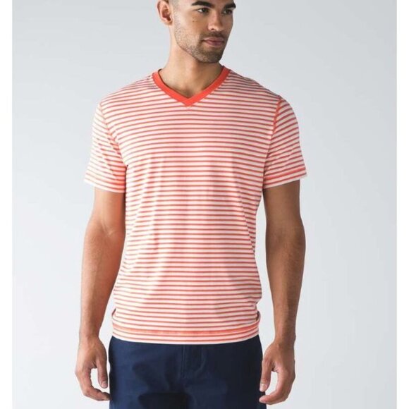 *2* Lululemon Men's 5 Year Basic V in Navy and Orange Striped Size Medium - Picture 1 of 9